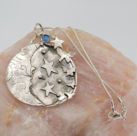 (SOLD) MADE UPON REQUEST KYANITE MOON & STARS PENDANT HANDMADE N STERLING SILVER - Picture 6 of 6